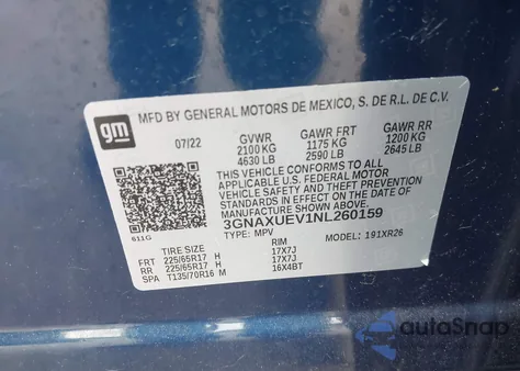 2022 Chevrolet Equinox Awd Lt из США, поврежденный, VIN 3GNAXUEV1NL260159